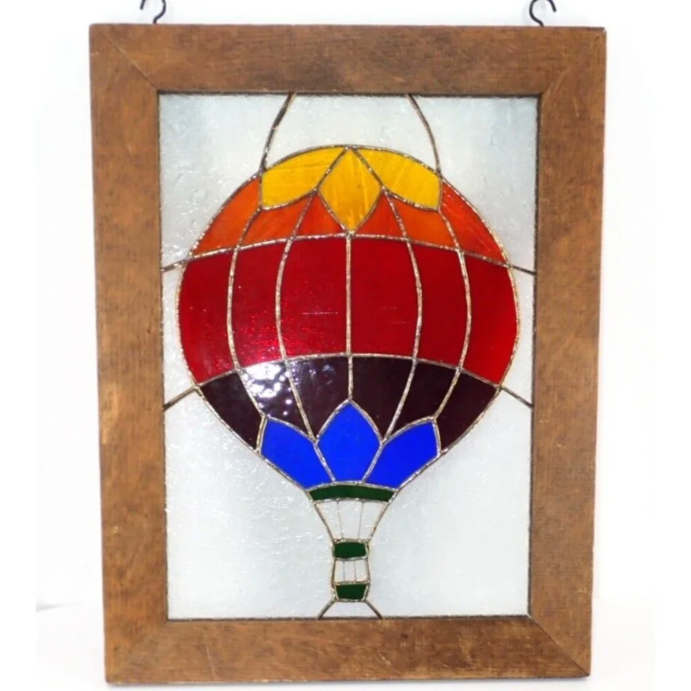Rainbow Hot Air Balloon Stained Glass Wood Framed Window Panel 13